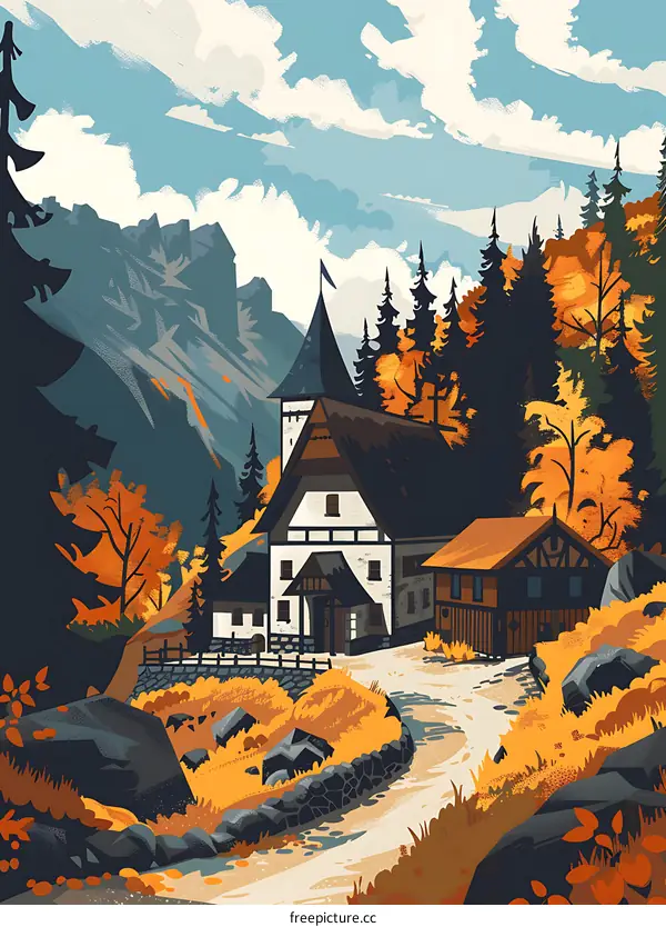 Autumn Landscape With Mountain View And A Small Cottage