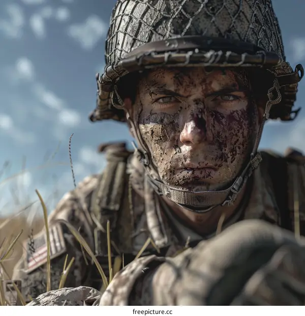 Close up portrait of a soldier wearing a helmet and camouflage face paint