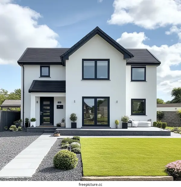 Modern White House with Black Trimmed Windows and Doors