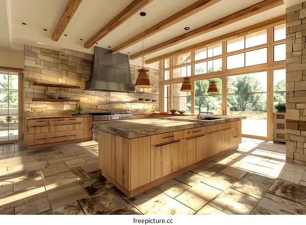 Modern Kitchen Design With Wood Accents And Large Windows