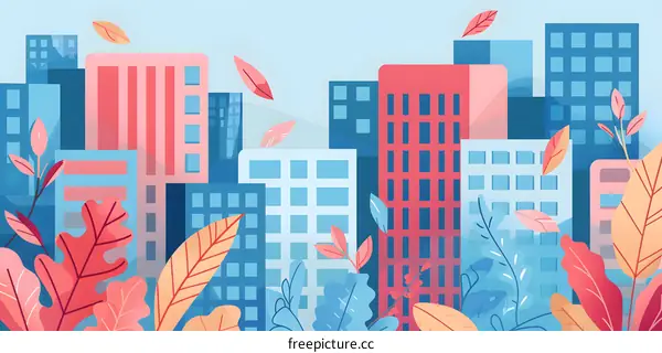 Abstract Cityscape with Buildings and Leaves in Blue and Red Tones