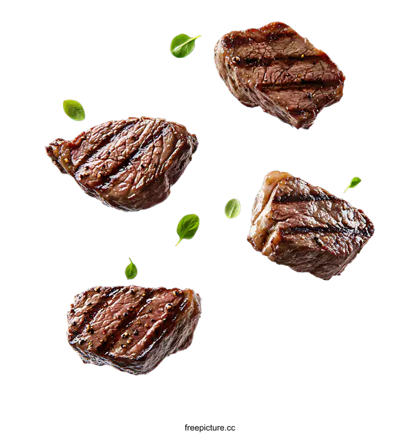 [Transparent Background PNG]Grilled Beef Steaks Falling on transparent background