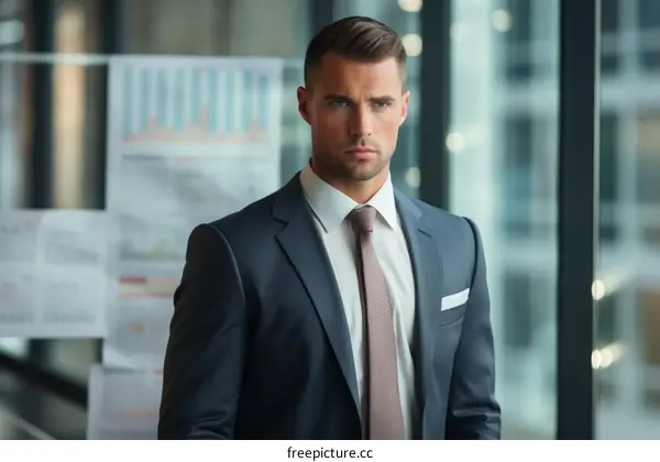 Portrait of a young professional man in a suit standing in an office