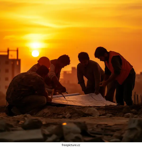 Construction workers are working on a building project at sunset.
