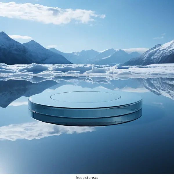 3D rendering of a glass platform floating on a frozen lake surrounded by snow capped mountains