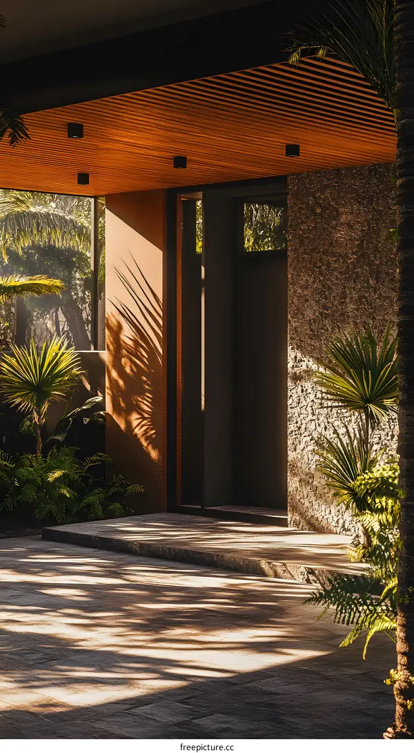 Modern Minimalist Home Entrance with Tropical Plants