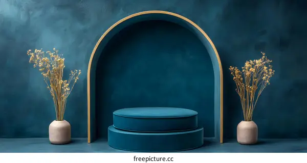 Blue Velvet Podium with Gold Archway and Dried Flowers