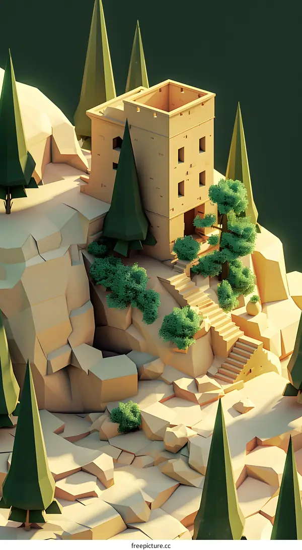 Low Poly Illustration of a Building on a Cliff