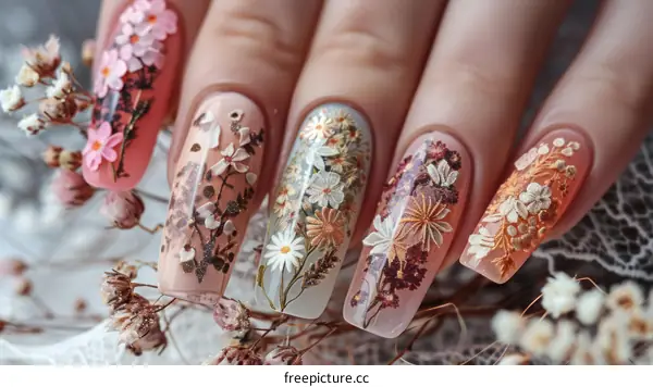 Close-up of a hand with a floral nail art design