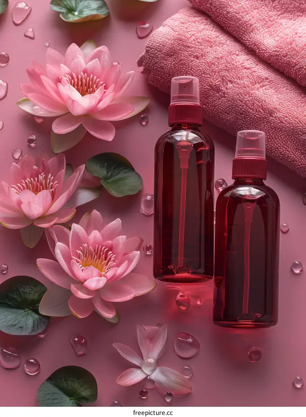 Two bottles of red liquid surrounded by pink water lilies