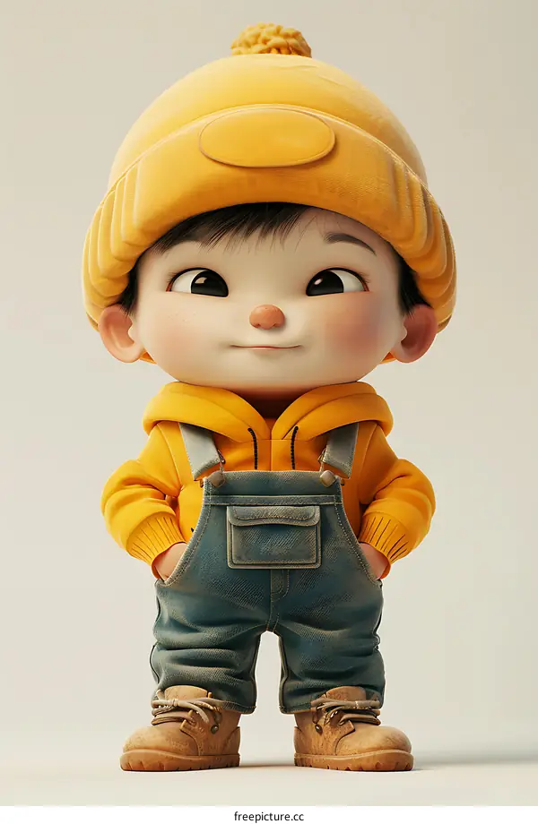 Cute Cartoon Character in Yellow Beanie and Overalls