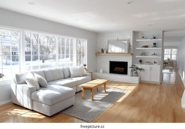 Modern Cozy Living Room with White Brick Fireplace