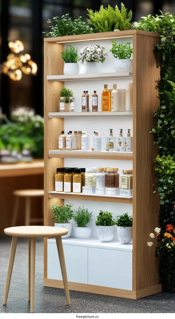 Modern Wooden Display Shelves with Plants and Products