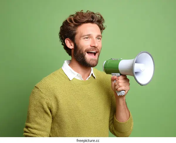 Man in Mustard Yellow Sweater Holding a Megaphone