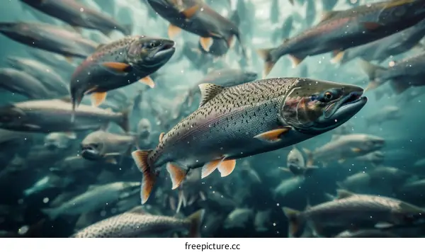 A large school of fish swim in a river