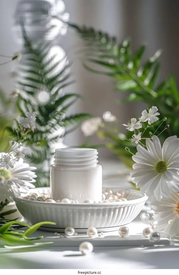 White cosmetic jar with pearls and flowers
