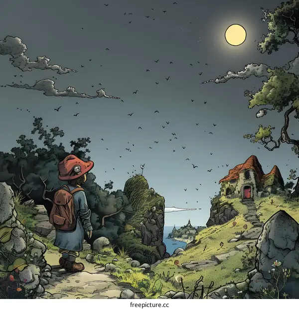 Fantasy Illustration of a Person Looking at a House in the Distance