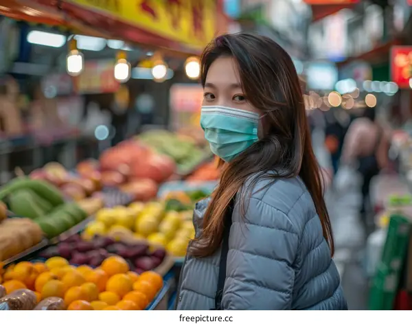 Asian woman wearing a mask at a market