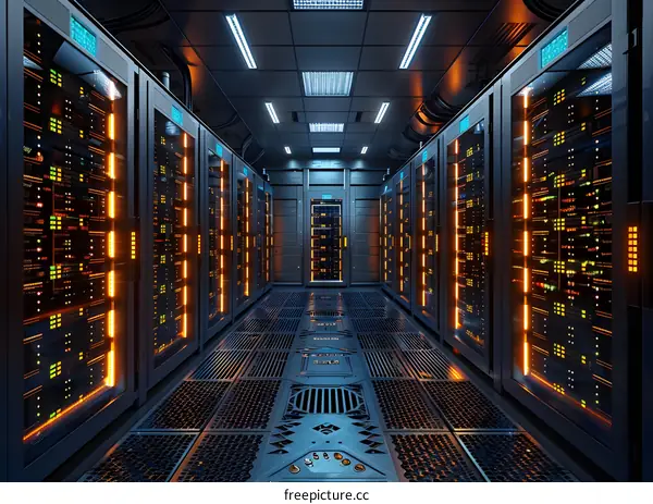 Futuristic server room with bright lights