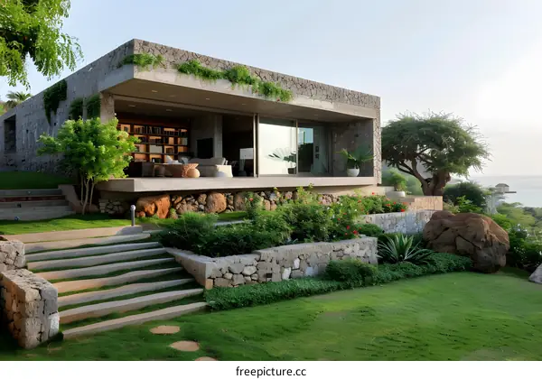 Modern Stone House with Lush Greenery and Ocean Views
