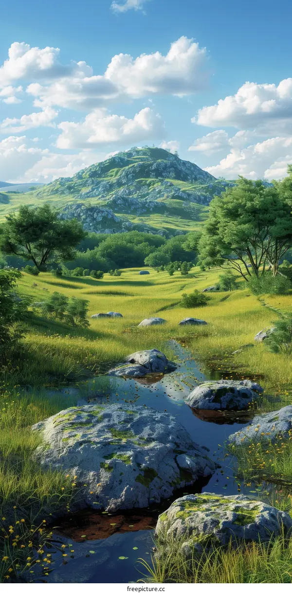 Fantasy Landscape with Green Hills and Blue Sky