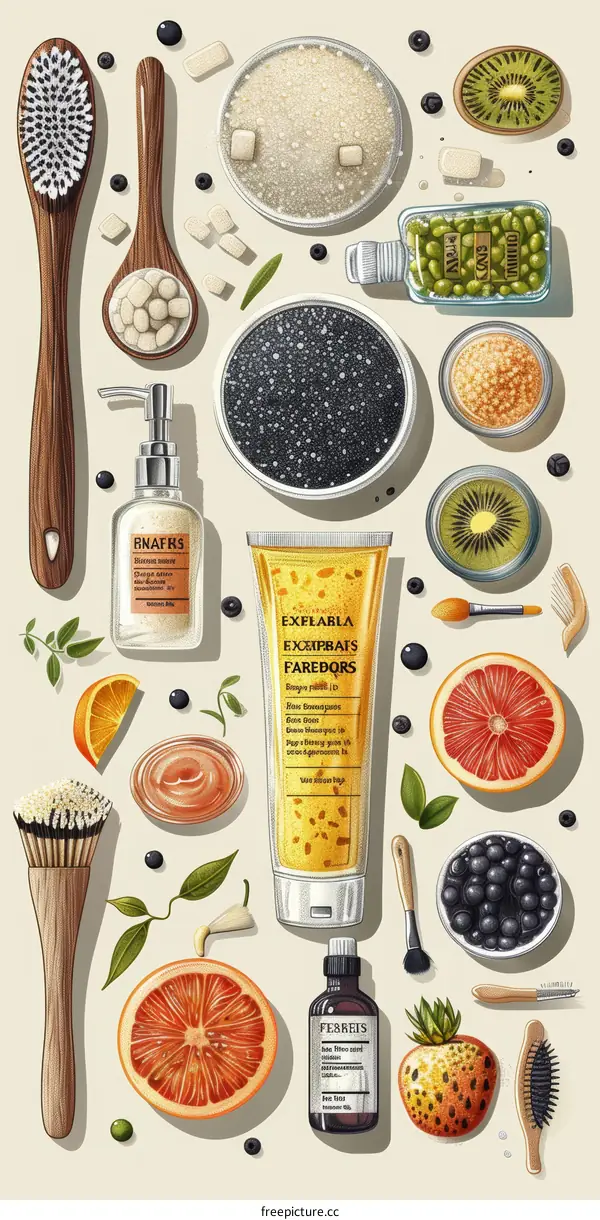 Natural skincare ingredients with facial brush and cosmetic products