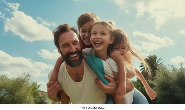 Happy family of four laughing and smiling together outside