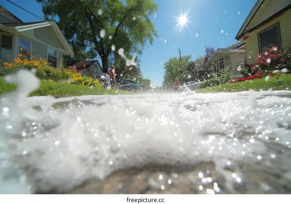 Toddlers having fun playing with bubbles in the street
