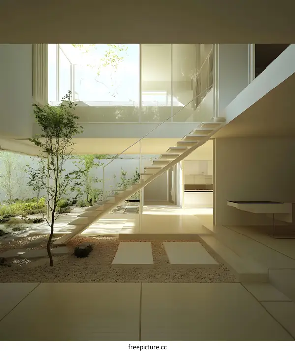 Modern Minimalist Interior Design with Stairs and a Zen Garden