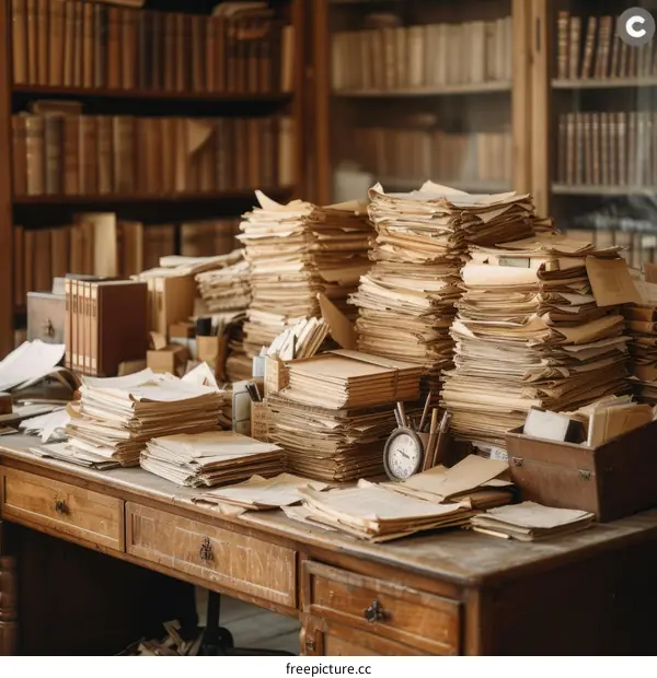 A desk full of old books and papers