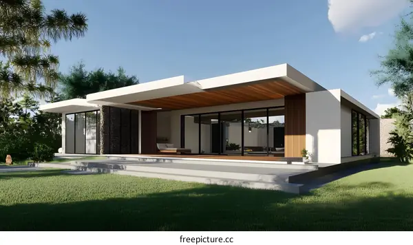 Modern Minimalist House Design with Large Windows and Wooden Accents