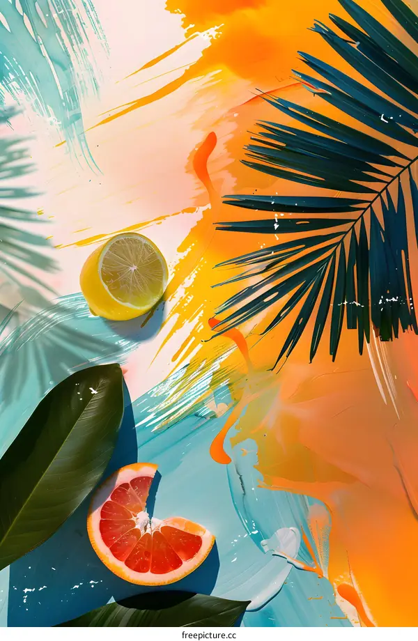 Tropical Fruit and Palm Leaf Abstract Painting