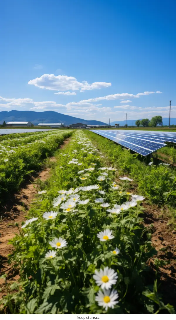 Field of solar panels with white flowers in foreground