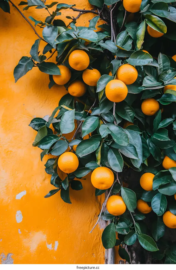 Orange Tree Branch Against Yellow Wall