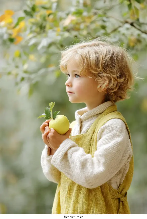 A Little Child Holding an Apple Outdoors