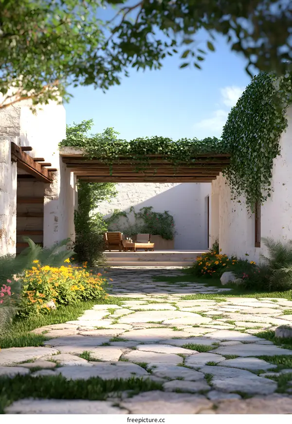 Stone Path leading to a Courtyard with Wooden Pergola