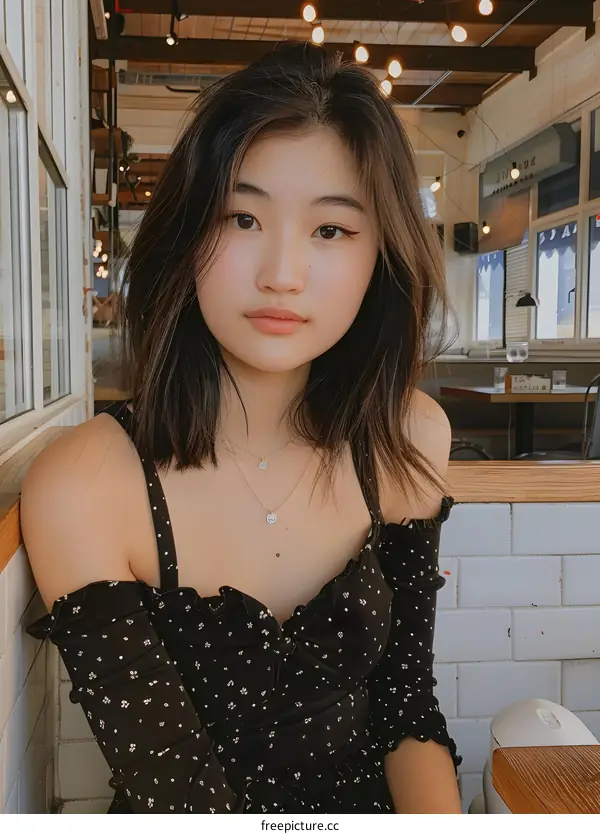 Young Asian Woman Sitting in a Restaurant