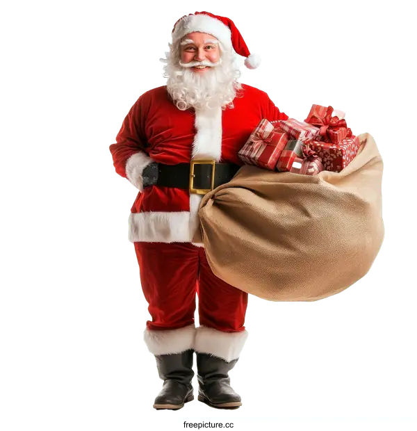 [Transparent Background PNG]Santa Claus Carrying a Gift Bag of Presents