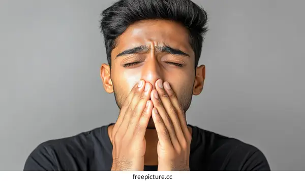 Closeup Portrait of a Concerned Person Covering Face