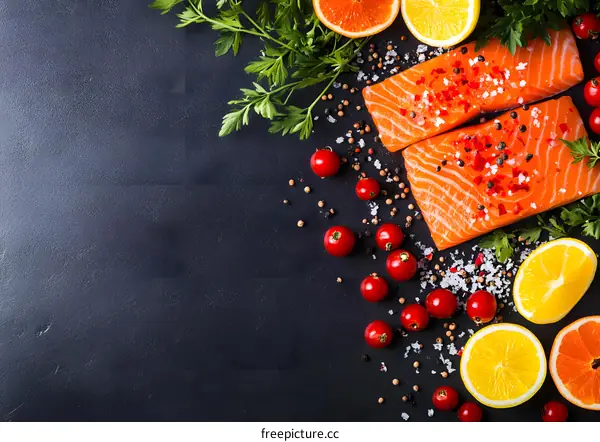 Fresh Raw Salmon Fillet with Lemon, Tomato and Spices