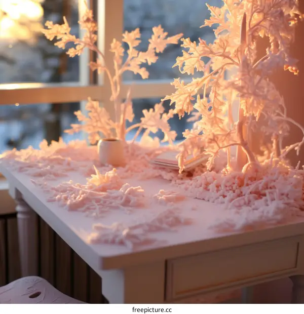 Winter Wonderland Table Setting with Snowy Trees and Ceramic Vase