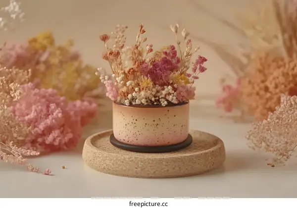 Dried Flowers in Ceramic Pot on Cork Coasters