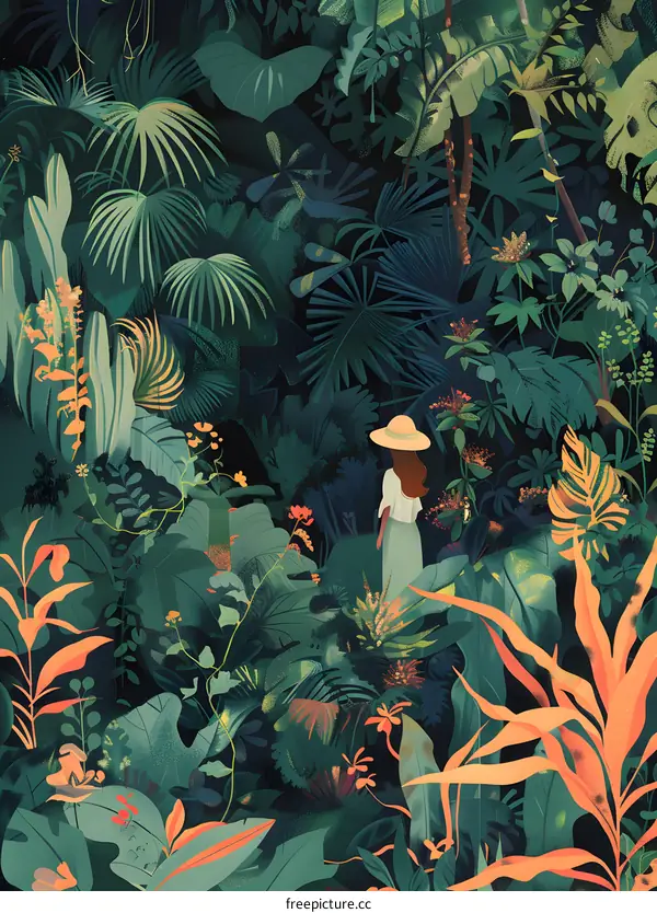Woman in Green and Orange Lush Tropical Forest