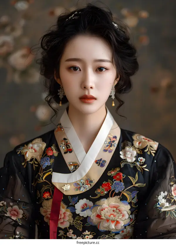 Portrait of a young woman in traditional Korean dress, or Hanbok