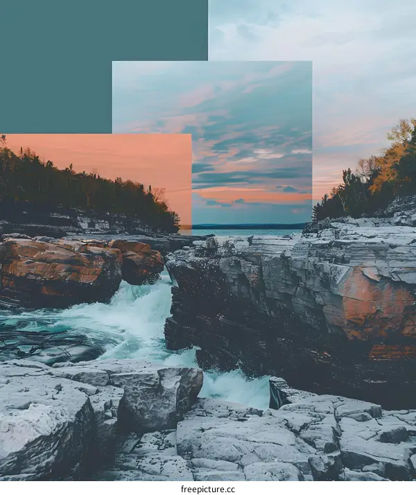 Sunset Over Rocky Landscape with Dramatic Waves Crashing Through a Narrow Passage