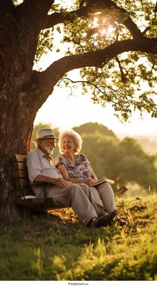 Happy elderly couple sitting on a bench in the park and reading a book together