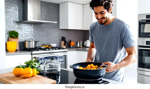 Smiling Man Cooking In Modern Kitchen