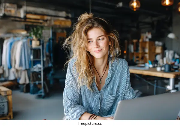 Young Woman Working on Laptop in Creative Space