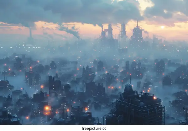 Misty Industrial Cityscape at Dawn