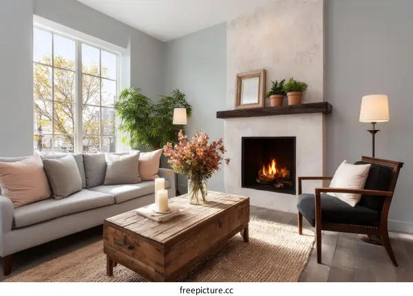 Cozy Living Room with Fireplace and Large Window